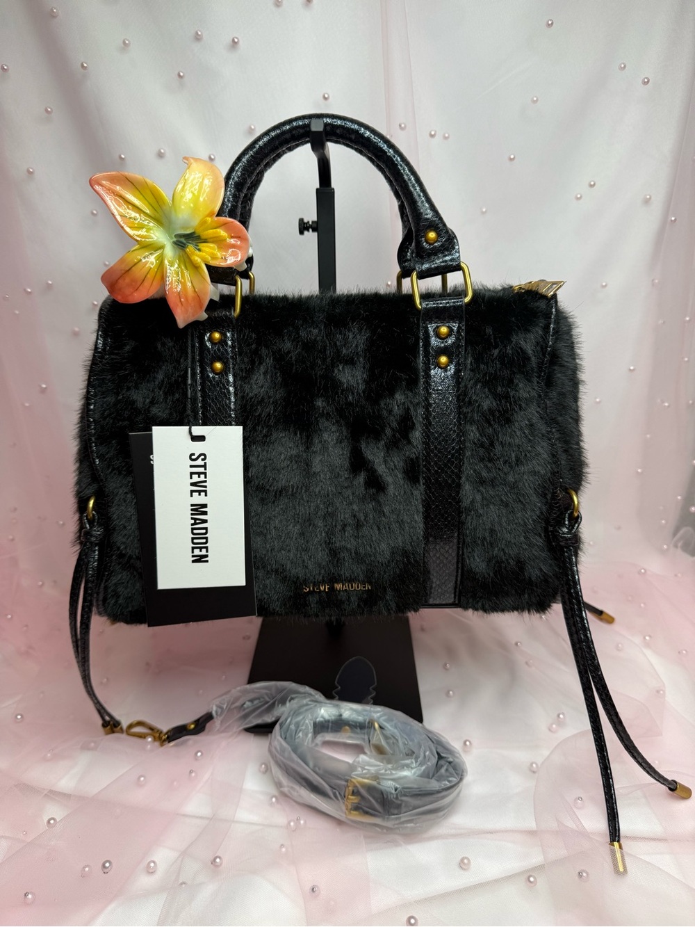 Steve Madden Black Faux Fur Satchel with Gold Hardware